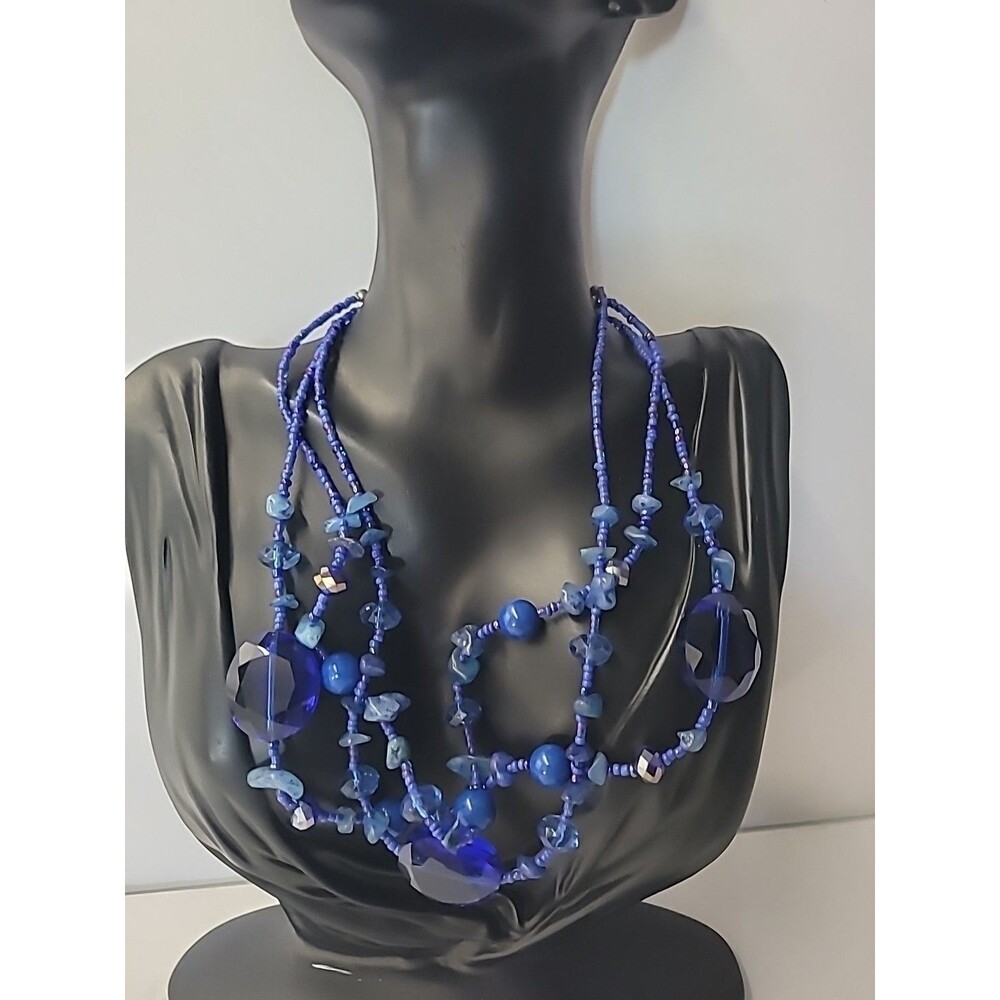 Vintage Blue Multi Strand Beaded Necklace Cobalt Statement Boho Layered‎ Jewelry